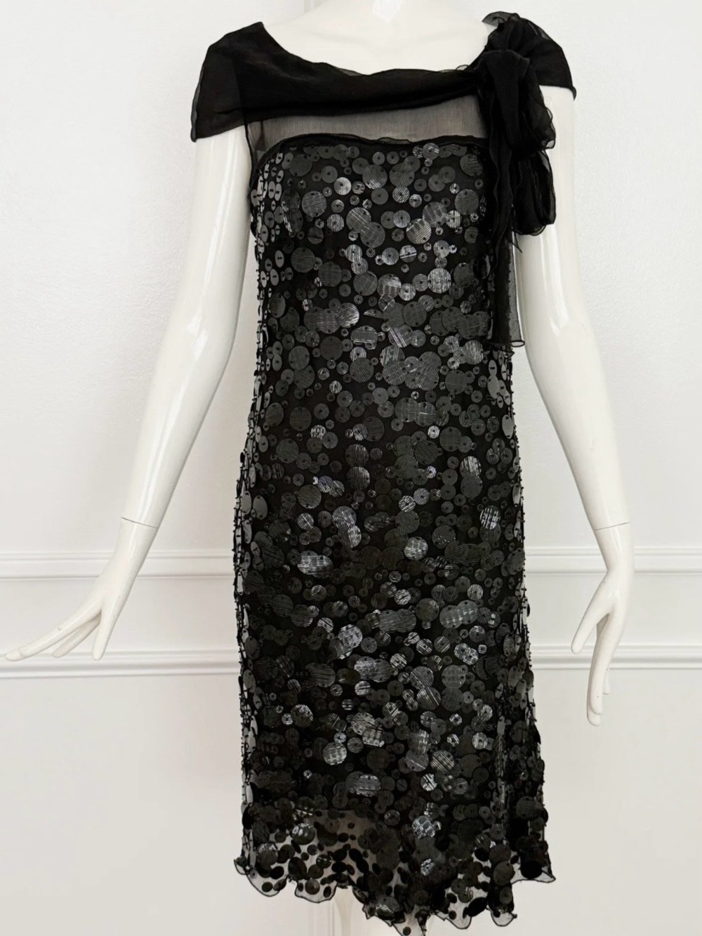 Moschino Black Sequin Cocktail Dress with Sheer Scarf